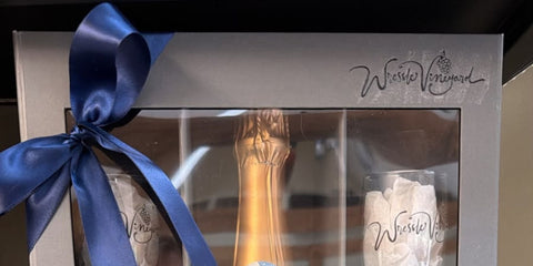 Wressle Vineyard gift box with three wines in a silver box wrapped with a blue ribbon