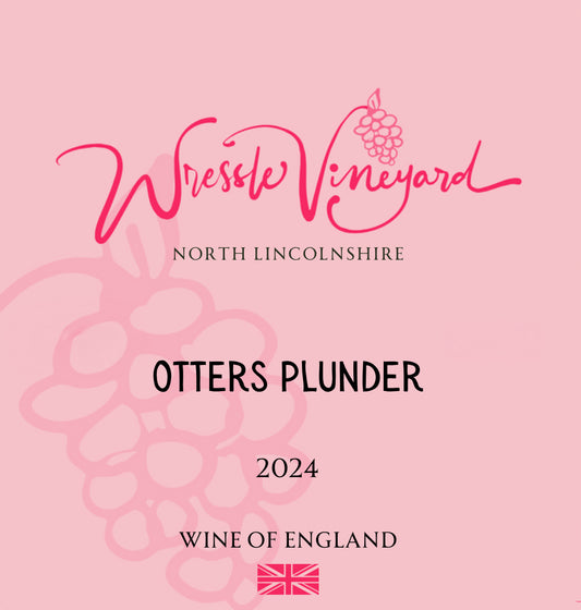 Wine label for 'Otters Plunder' from Wrestle Vineyard on a pink background