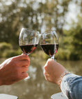 Two hands holding wine glasses filled with red wine, clinking together outdoors near a lake with trees in the background.
