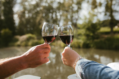Two hands holding wine glasses filled with red wine, clinking together outdoors near a lake with trees in the background.