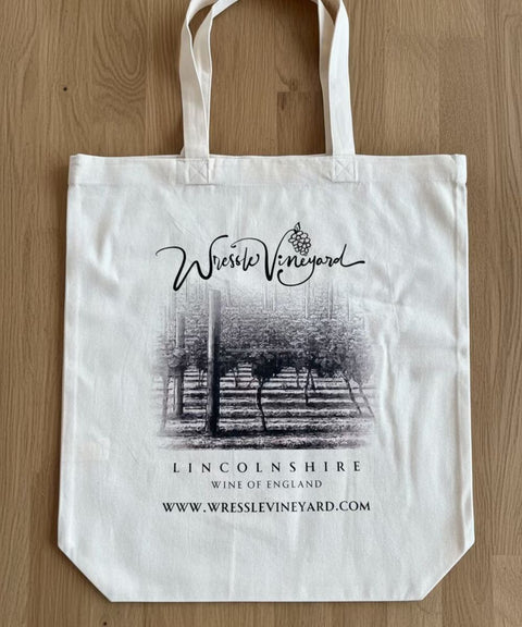 Natural cotton tote bag printed with the Wressle Vineyard logo and vineyard illustration, Lincolnshire wine of England