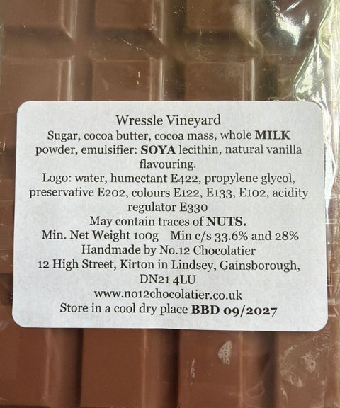 Ingredients and allergen label for Wressle Vineyard milk chocolate bar, handmade by No.12 Chocolatier