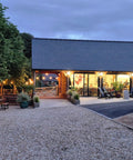 Wine tasting room lit up one evening at Wressle Vineyard