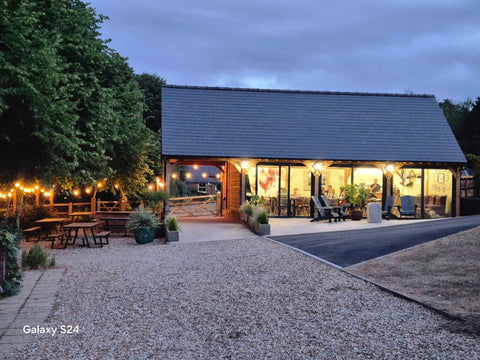 Wine tasting room lit up one evening at Wressle Vineyard
